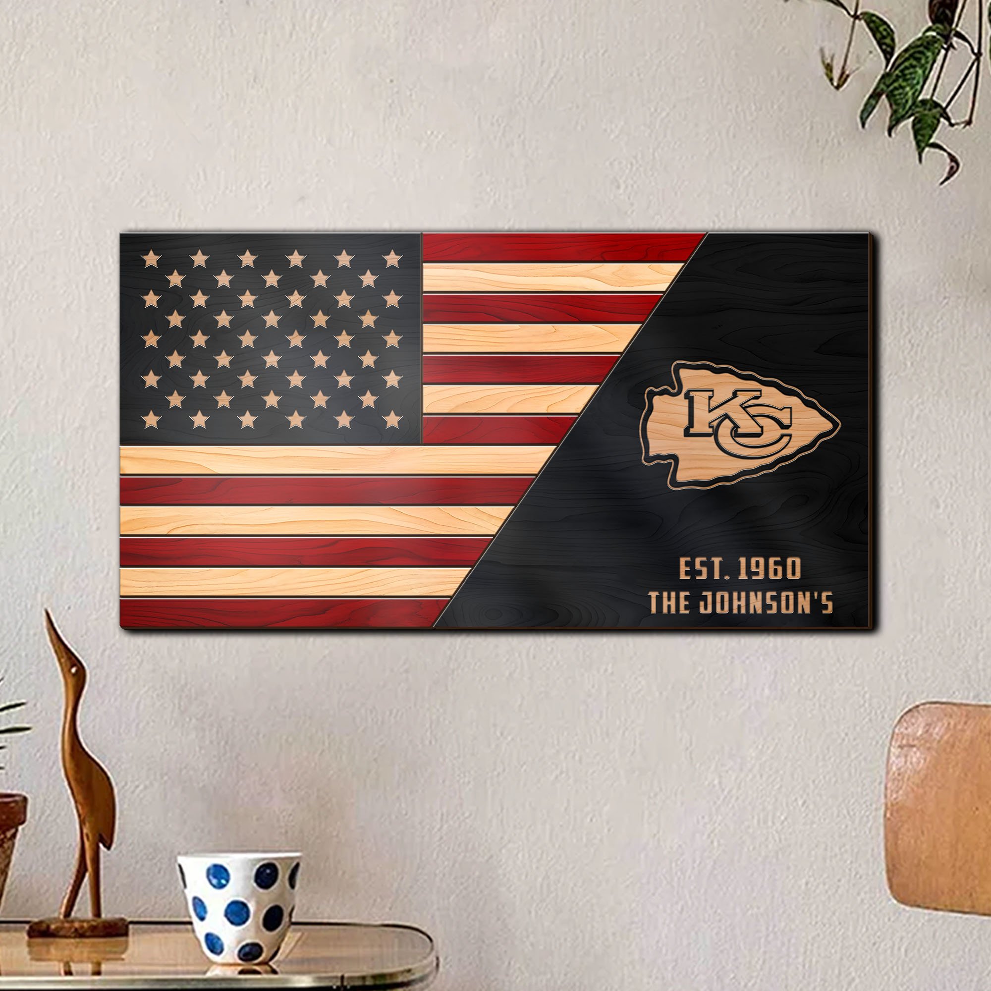 Kansas City Chiefs Team And America Flag 2 Layers Woodsign, Football Team Sign , Football Lover Gifts, Home Decorations ETRG-59563